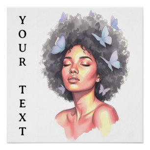 Póster Beleza Afro com Borboletas – Retrato em Aquarela