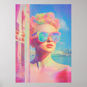 Poster Beleza Costeira Neon com óculos Solares