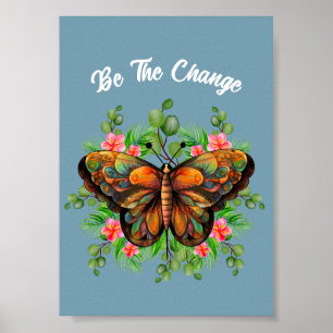 Poster Beleza da Natureza Borboleta Colorida e Flora em F