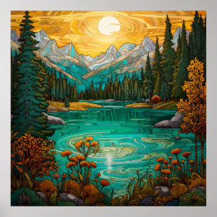 Poster Beleza do Lago Alpino Sunset com Montanha Floresta