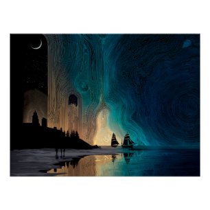 Póster Beleza e terror, naves, lua e luzes de norte