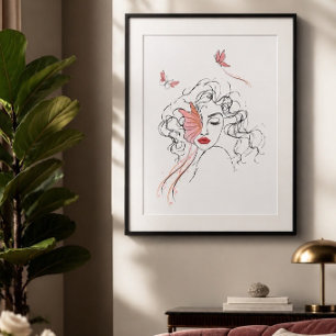 Poster Beleza em Voo Mulher Abstrata e Borboletas