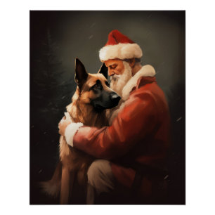 Póster Belga Malinoi com Papai Noel Natal Festivo