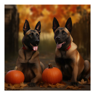 Póster Belga Malinoi Puppy Autumn Delight Pumpkin