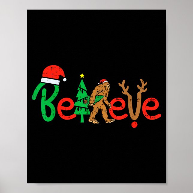 Poster Believe Bigfoot Sasquatch Santa Reindeer Christmas (Frente)