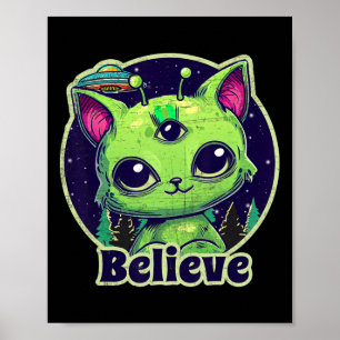 Poster Belive De Gato De Alienígena Bonita Em Ufo Kawaii