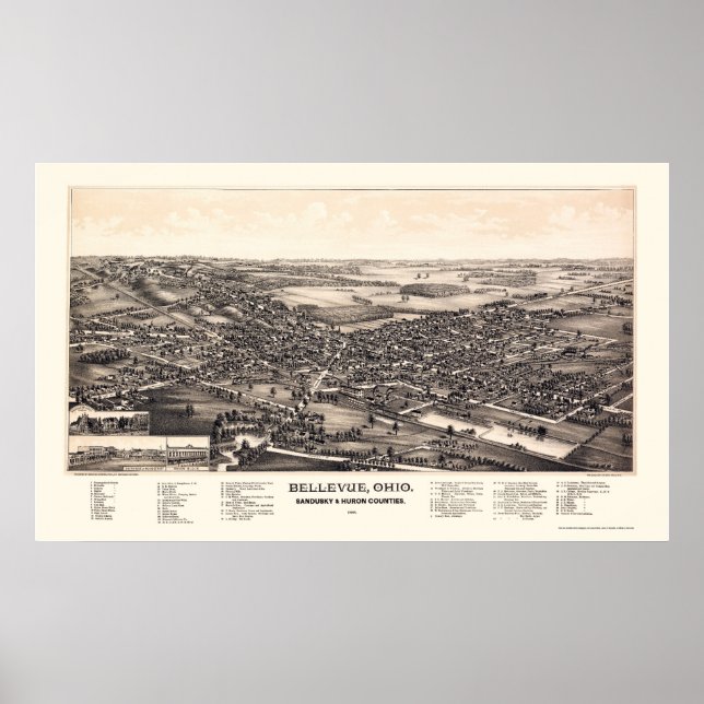 Poster Bellevue, Mapa Panorâmico OH - 1888 (Frente)