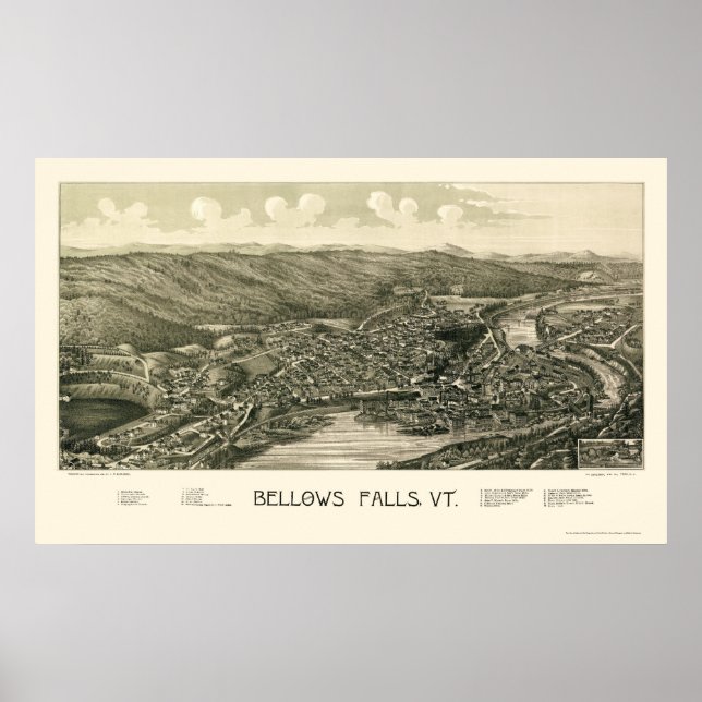Póster Bellows Falls, Mapa Panorâmico VT - 1880 (Frente)
