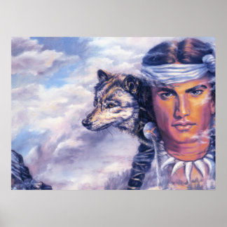 Poster Belo Americano Nativo Com Lobo