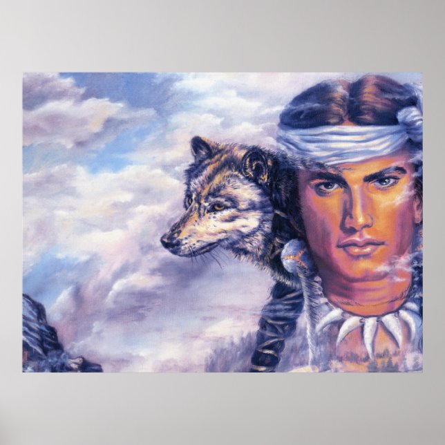 Poster Belo Americano Nativo Com Lobo (Frente)