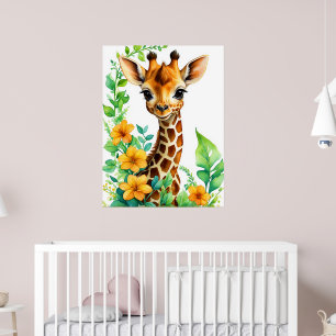 Poster Belo Animal De Girafa Com Flores Laranja