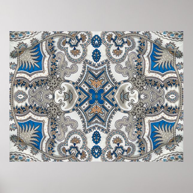 Poster Belo arabesco branco e azul, padrão islâmico (Frente)