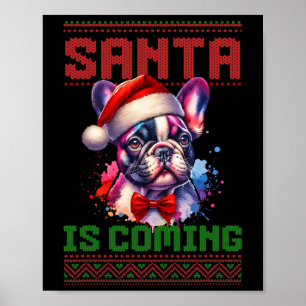 Poster Belo Bulldog Francês Santa Hat Holly de Natal