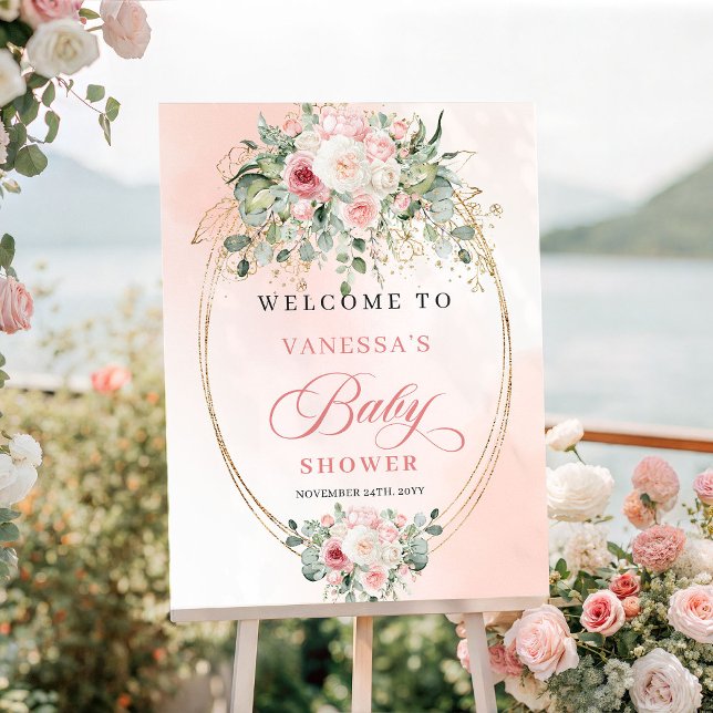 Poster Belo Cartaz de Boas-Vindas de Rosa Boho para Chás  (Pretty Boho Blush Roses Baby Shower Welcome Sign Art

)