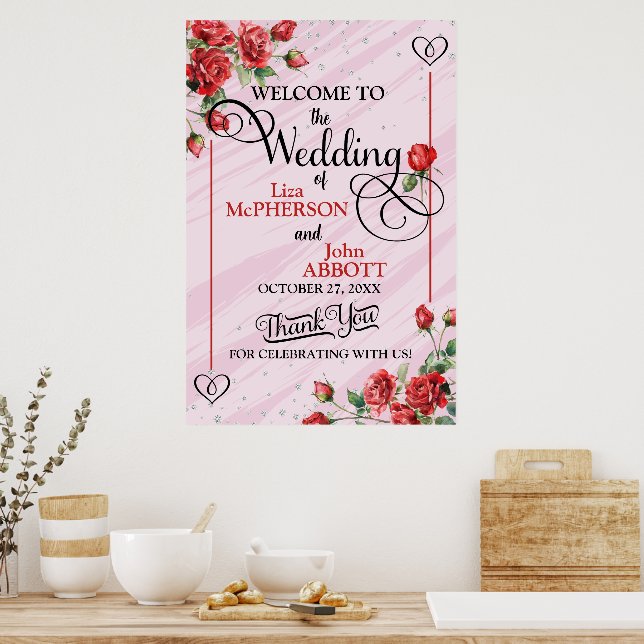 Poster Belo Casamento de Rosas Vermelhas Boas-Vindas (Cozinha)