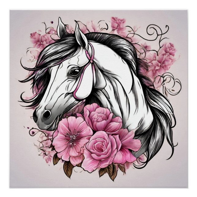 Póster Belo Cavalo Branco com Flores Rosa (Frente)
