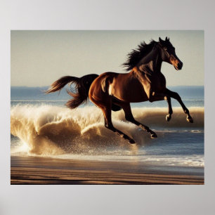 Poster belo cavalo de castanha na praia