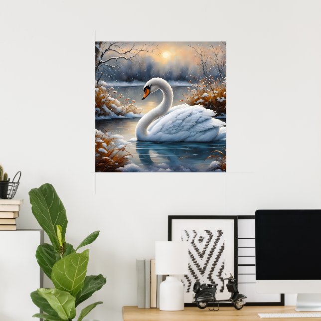 Poster Belo Cisne Branco Em Um Lago (Escritório em casa)