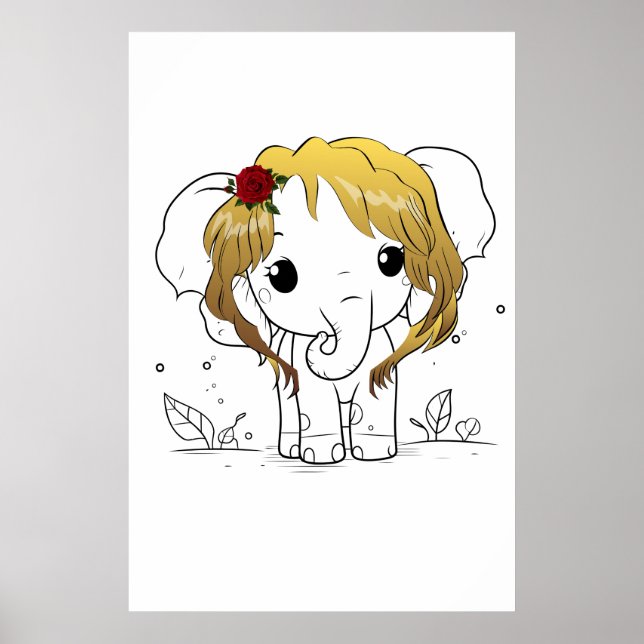Poster Belo elefante bebê fêmea com cabelo amarelo (Frente)