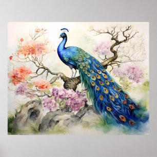 Poster Belo Elegante Azul, Pavão Verde, Bela Arte