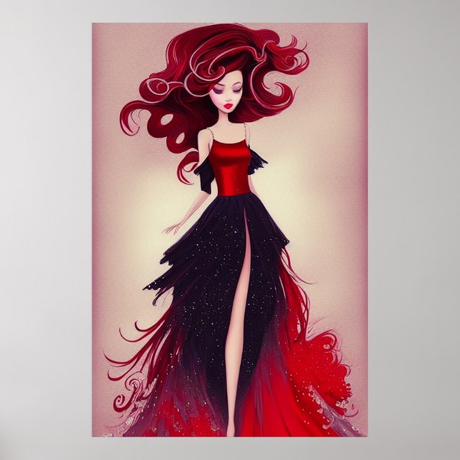 Poster Belo esboço de moda da mulher com cabelo vermelho (Frente)