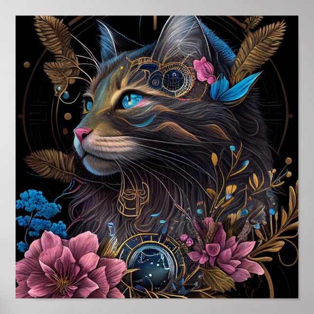 Poster Belo galpão Maine Coon com flores Arte AI (Frente)