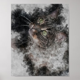 Poster belo gato grande olhos verdes pintura aquosa