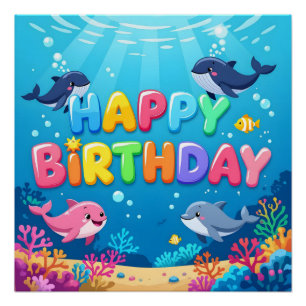 Póster Belo golfinho náutico de aniversário feliz