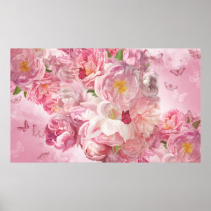 Poster Belo jardim de flores rosa