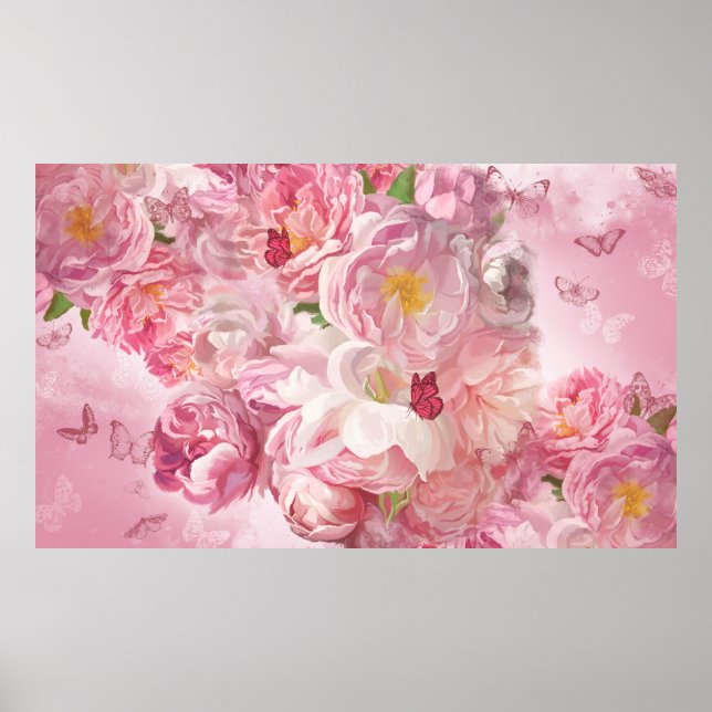 Poster Belo jardim de flores rosa (Frente)