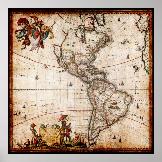 Poster Belo Mapa Antiquado da América do Norte (Frente)