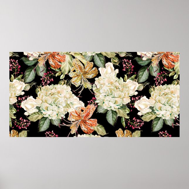 Poster Belo padrão de aquarela com flores de hidra (Frente)