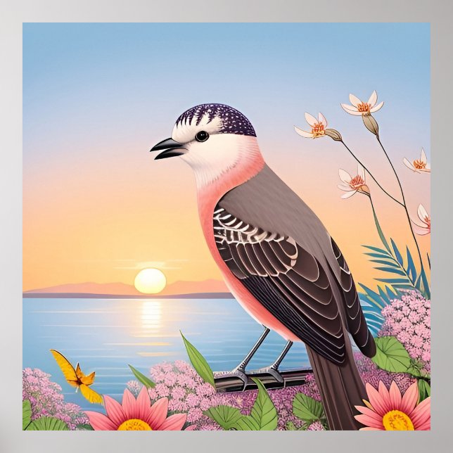 Poster Belo Pássaro em Cena de Natureza Costeira (Frente)