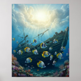Poster Belo peixe de recife com um naufrágio  
