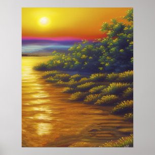 Poster Belo pôr do sol dourado no oceano praia plantas