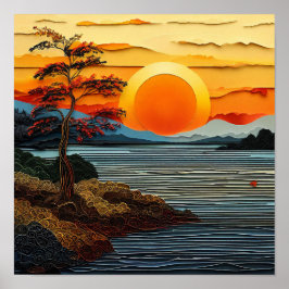 Poster Belo pôr do sol sobre um rio com flores