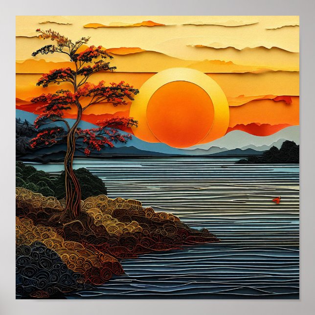 Poster Belo pôr do sol sobre um rio com flores (Frente)