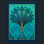 Póster Belo Poster do fã Peacock Art Deco.<br><div class="desc">Eu mesmo criei esse lindo Fã de Arte Deco Peacock. Estou apaixonado pelas cores que combinei para o fundo. Com um fundo de Deco com padrões e um fã de penas Peacock estilo Art Deco, esta poster é impressionante. Eu realmente espero que você goste.</div>