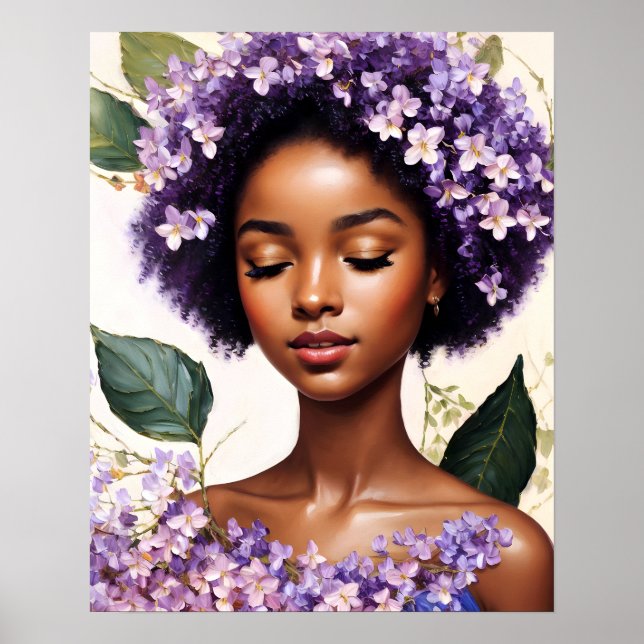 Poster Belo retrato das flores roxas de Black Girl (Frente)