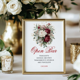 Poster Belo Sinal de Casamento de Bar Aberto Burgundy Blu