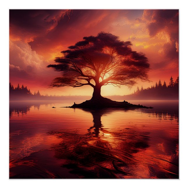 Póster Belo Sunset Com Árvore Em Primeiro Plano (Frente)
