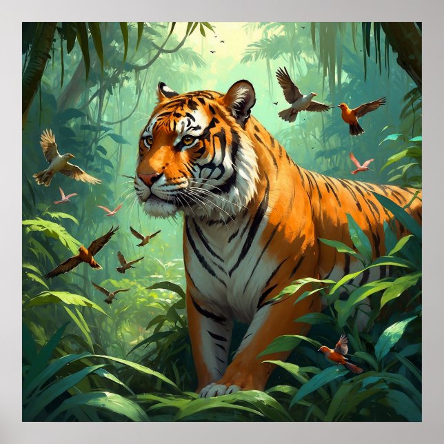 Poster Belo Tigre com Pássaros na Selva (Frente)