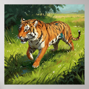 Poster Belo Tigre Laranja Correndo na Selva