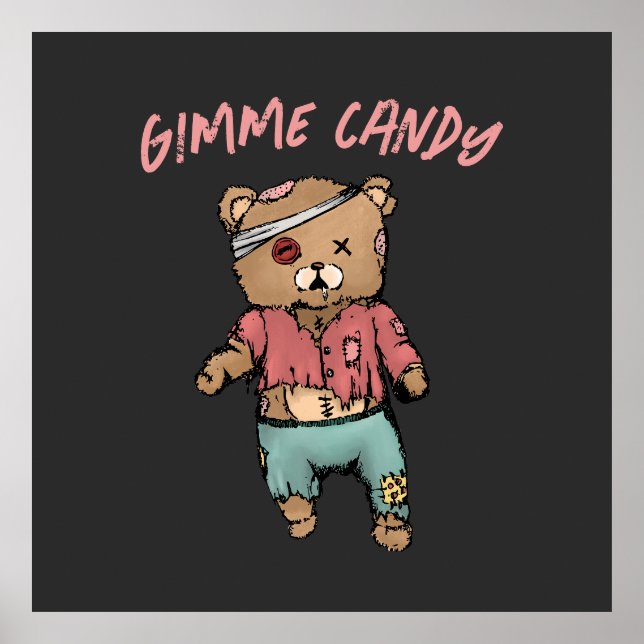 Poster Belo Urso Rosa Zombie Gimme Candy Halloween (Frente)