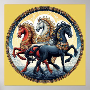 Poster "Belo vermelho místico, branco e cavalos azuis" 7