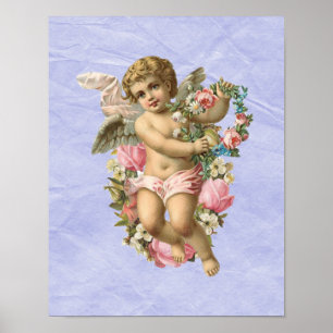 Poster Belo Vintage Cherub / Angel com flores