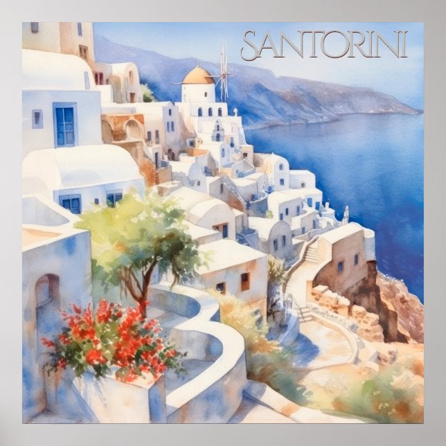 Poster Belo Watercolor Grécia Santorini (Frente)