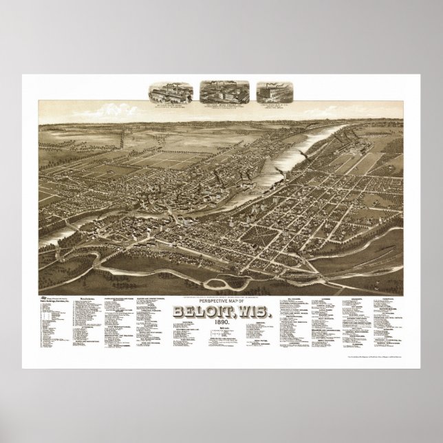 Póster Beloit, Mapa Panorâmico do WI - 1890 (Frente)