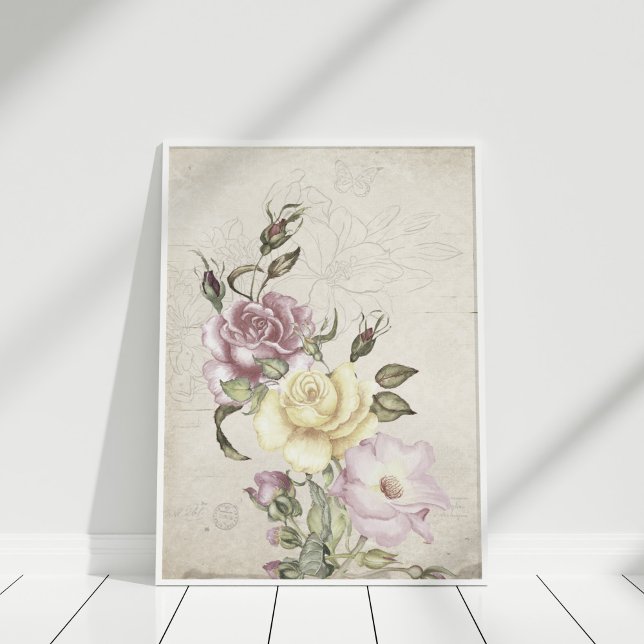 Poster Belos rosas de colheita (Beautiful vintage roses poster in a white frame in a white room.)