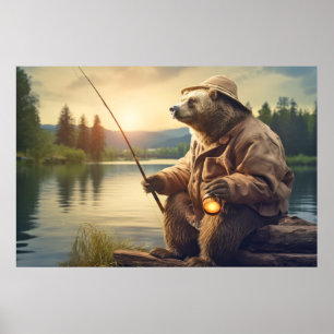 Poster Belzzle Bear Animal Diversão Lago Pesca Tempo Feli